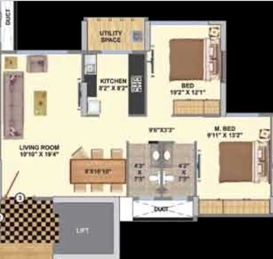 Floor plan of 2 BHK 1235 Sq. Ft. Apartment in K Mordani La Maison, Mumbai