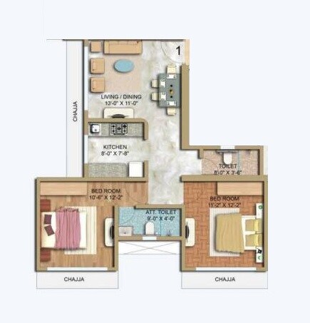 Floor plan of 2 BHK 601 Sq. Ft. Apartment in K Patel Radha Krishna, Mumbai