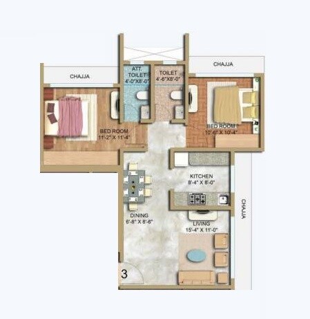 Floor plan of 2 BHK 678 Sq. Ft. Apartment in K Patel Radha Krishna, Mumbai