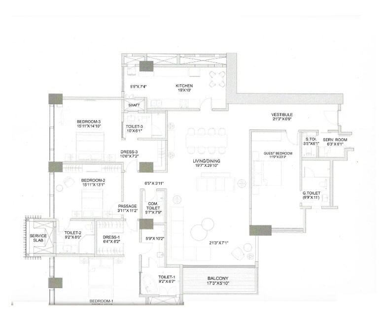 Floor plan of 4 BHK 2964 Sq. Ft. Apartment in K Raheja Artesia, Mumbai