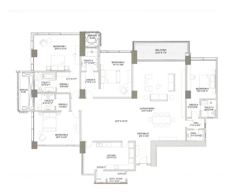 Floor plan of 4 BHK 3702 Sq. Ft. Apartment in K Raheja Artesia, Mumbai
