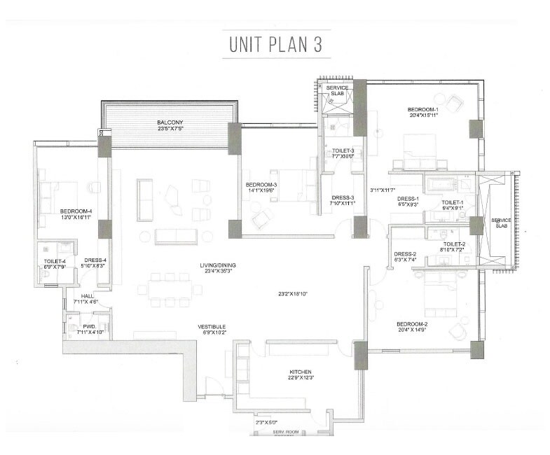 Floor plan of 4 BHK 3781 Sq. Ft. Apartment in K Raheja Artesia, Mumbai