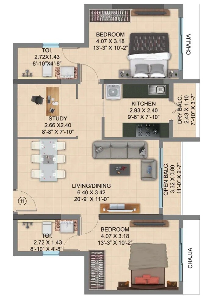 Floor plan of 2 BHK 755 Sq. Ft. Apartment in K Raheja Ascencio, Mumbai