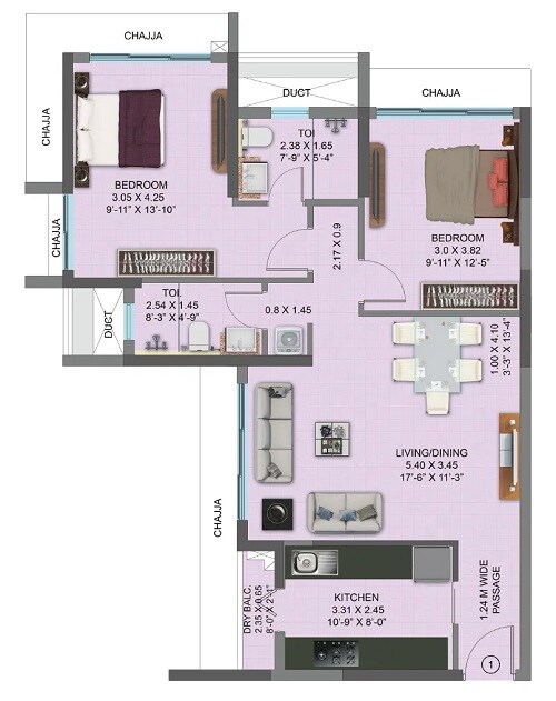 Floor plan of 2 BHK 843 Sq. Ft. Apartment in K Raheja Ascencio, Mumbai