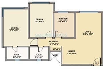 Floor plan of 2 BHK 1150 Sq. Ft. Apartment in K Raheja Corp Maple Leaf, Mumbai