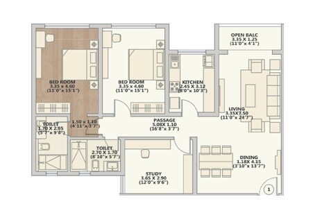 Floor plan of 2 BHK 1099 Sq. Ft. Apartment in K Raheja Corp Vistas Mumbai, Mumbai