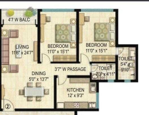 Floor plan of 2 BHK 967 Sq. Ft. Apartment in K Raheja Corp Vistas Mumbai, Mumbai