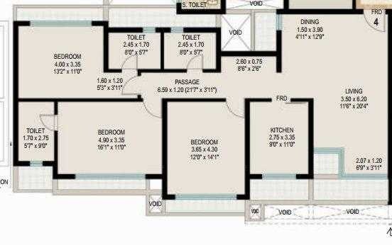 Floor plan of 3 BHK 1139 Sq. Ft. Apartment in K Raheja Corp Vistas Mumbai, Mumbai