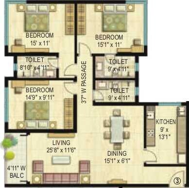 Floor plan of 3 BHK 1299 Sq. Ft. Apartment in K Raheja Corp Vistas Mumbai, Mumbai