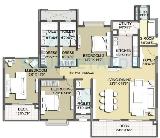 Floor plan of 3 BHK 1740 Sq. Ft. Apartment in K Raheja Vivarea Mumbai, Mumbai