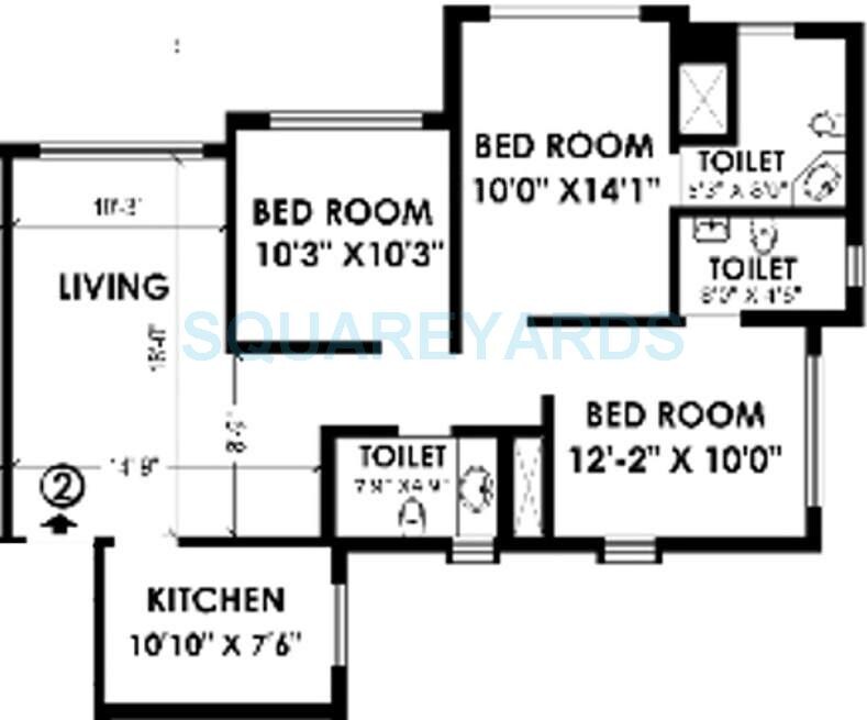 Floor plan of 3 BHK 1375 Sq. Ft. Apartment in K Raheja Heights, Mumbai