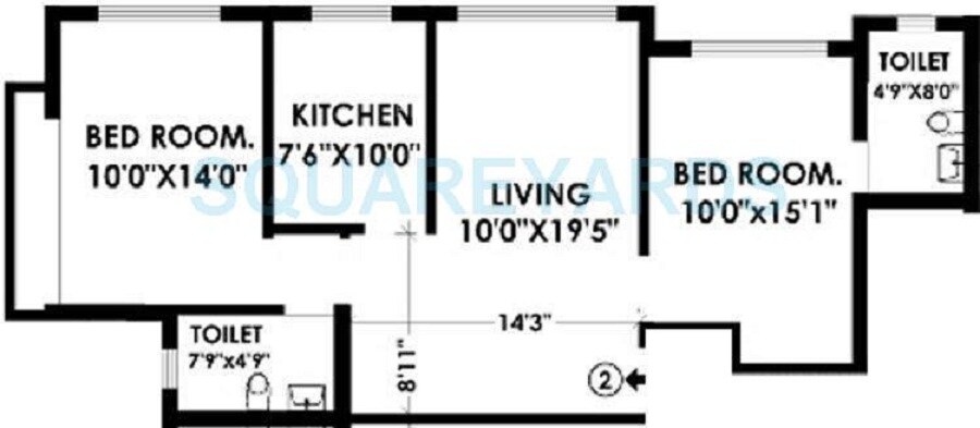 Floor plan of 2 BHK 652 Sq. Ft. Apartment in K Raheja Interface Heights, Mumbai