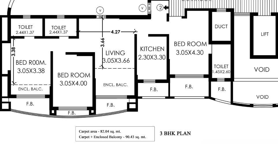 Floor plan of 3 BHK 883 Sq. Ft. Apartment in K Raheja Interface Heights, Mumbai
