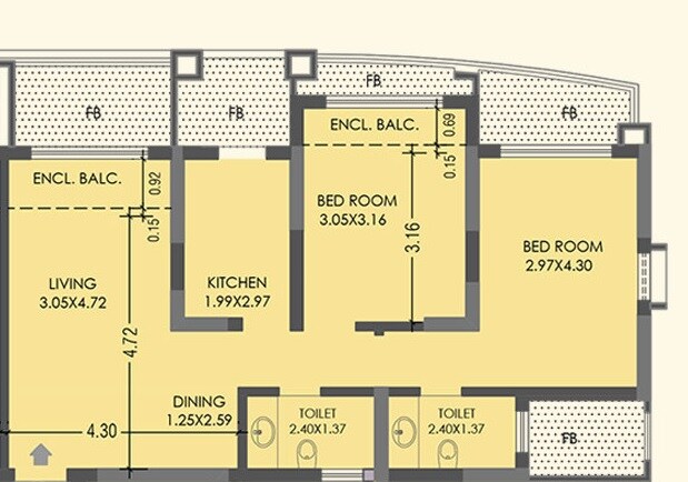 Floor plan of 2 BHK 770 Sq. Ft. Apartment in K Raheja Raheja Residency, Mumbai