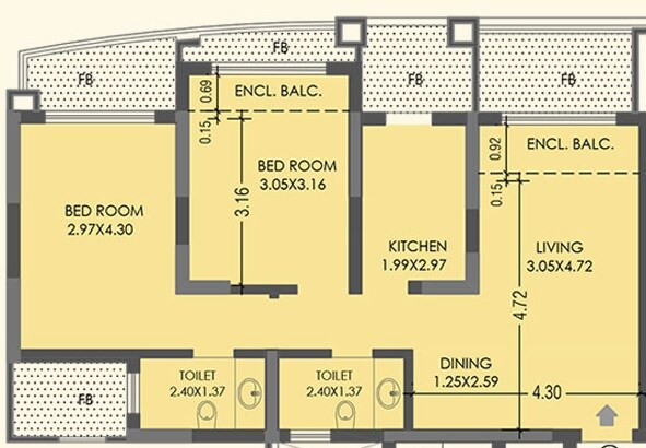 Floor plan of 2 BHK 743 Sq. Ft. Apartment in K Raheja Raheja Residency, Mumbai