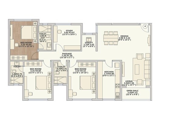 Floor plan of 3 BHK 1139 Sq. Ft. Apartment in K Raheja Vistas, Mumbai