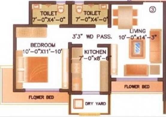 Floor plan of 1 BHK 980 Sq. Ft. Apartment in K T Ujjwal Apartment, Mumbai