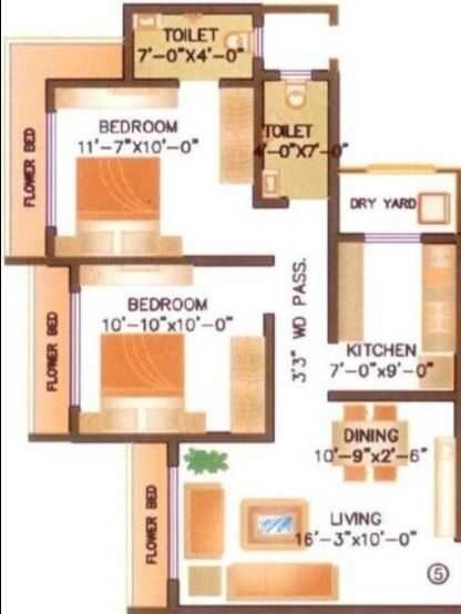 Floor plan of 2 BHK 895 Sq. Ft. Apartment in K T Ujjwal Apartment, Mumbai
