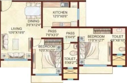 Floor plan of 2 BHK 1272 Sq. Ft. Apartment in Kabra Argentum, Mumbai