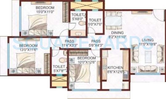 Floor plan of 3 BHK 1775 Sq. Ft. Apartment in Kabra Argentum, Mumbai