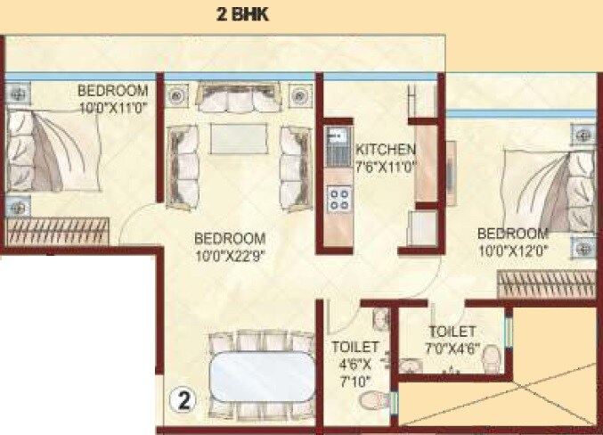 Floor plan of 2 BHK 639 Sq. Ft. Apartment in Kabra Aurum, Mumbai