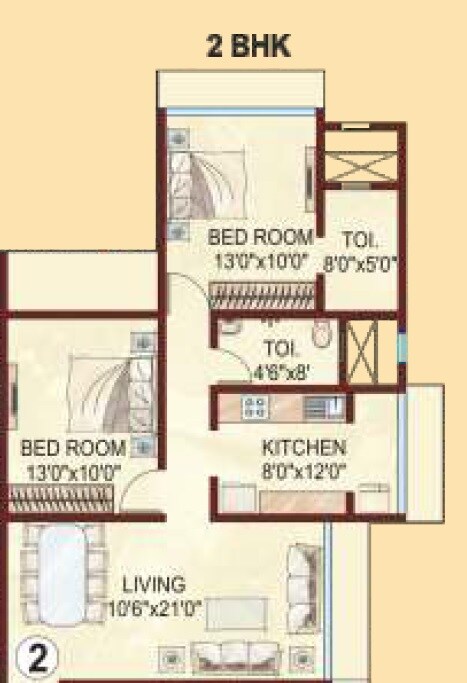 Floor plan of 2 BHK 829 Sq. Ft. Apartment in Kabra Aurum, Mumbai