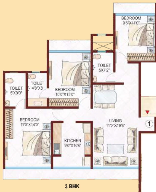 Floor plan of 3 BHK 878 Sq. Ft. Apartment in Kabra Aurum, Mumbai