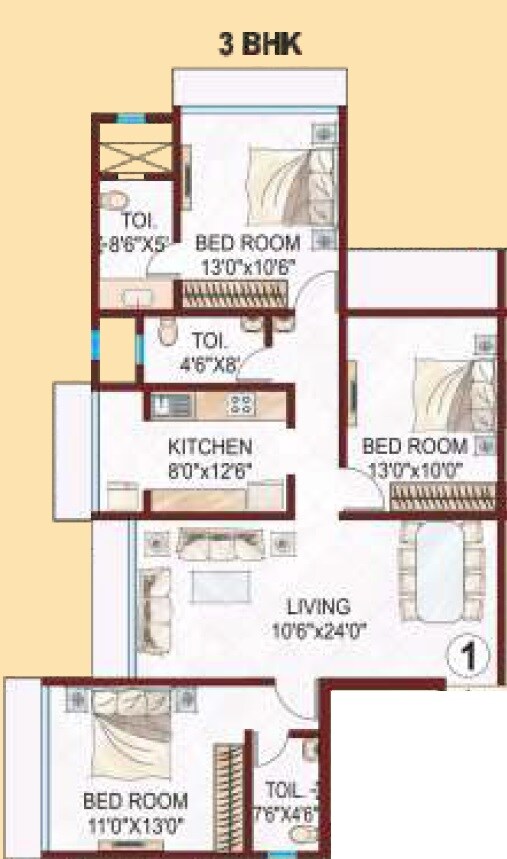 Floor plan of 3 BHK 941 Sq. Ft. Apartment in Kabra Aurum, Mumbai