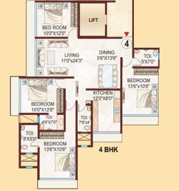 Floor plan of 4 BHK 1173 Sq. Ft. Apartment in Kabra Aurum, Mumbai