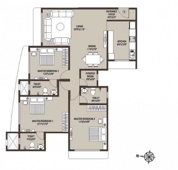 Floor plan of 3 BHK 786 Sq. Ft. Apartment in Kabra Centroid, Mumbai