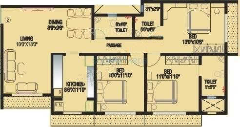Floor plan of 3 BHK 1400 Sq. Ft. Apartment in Kabra Christina, Mumbai