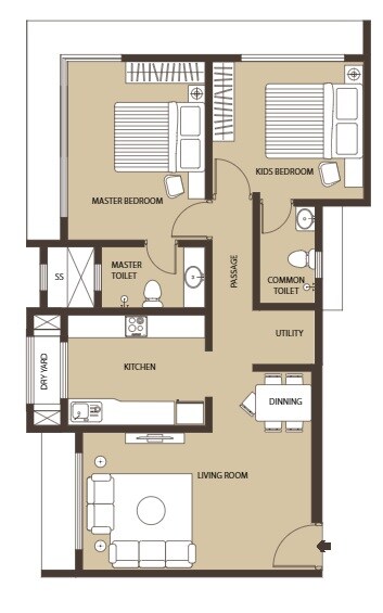 Floor plan of 2 BHK 685 Sq. Ft. Apartment in Kabra Diamante, Mumbai