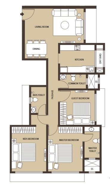 Floor plan of 3 BHK 893 Sq. Ft. Apartment in Kabra Diamante, Mumbai