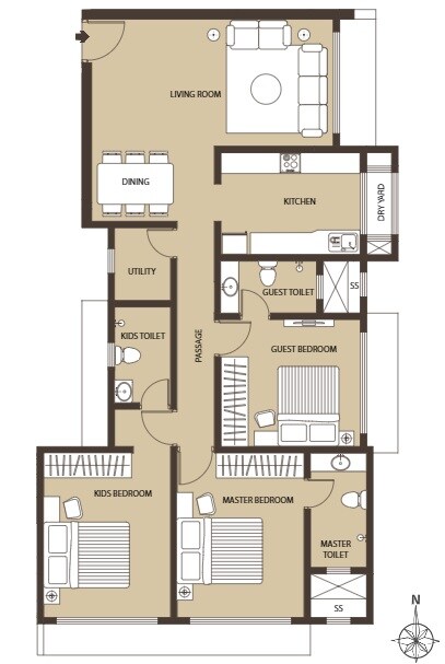 Floor plan of 3 BHK 975 Sq. Ft. Apartment in Kabra Diamante, Mumbai