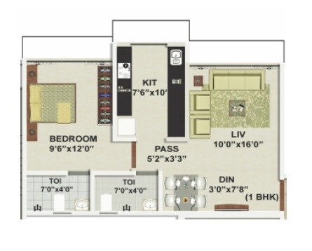 Floor plan of 1 BHK 470 Sq. Ft. Apartment in Kabra Divine Towers, Mumbai