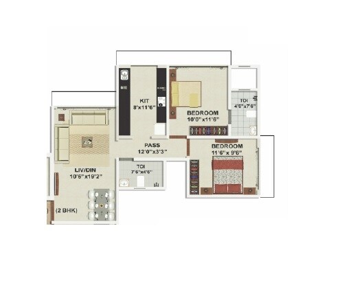 Floor plan of 2 BHK 675 Sq. Ft. Apartment in Kabra Divine Towers, Mumbai