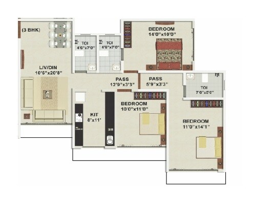 Floor plan of 3 BHK 850 Sq. Ft. Apartment in Kabra Divine Towers, Mumbai