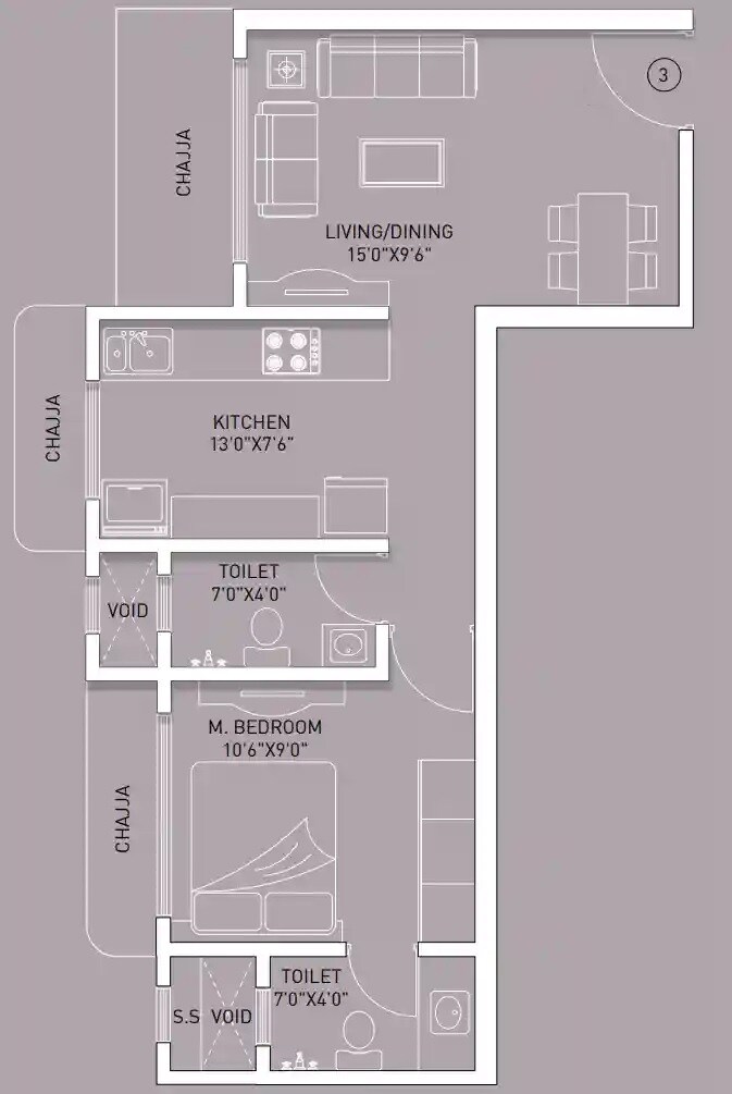 Floor plan of 1 BHK 427 Sq. Ft. Apartment in Kabra Garnet, Mumbai
