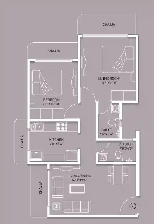 Floor plan of 2 BHK 566 Sq. Ft. Apartment in Kabra Garnet, Mumbai