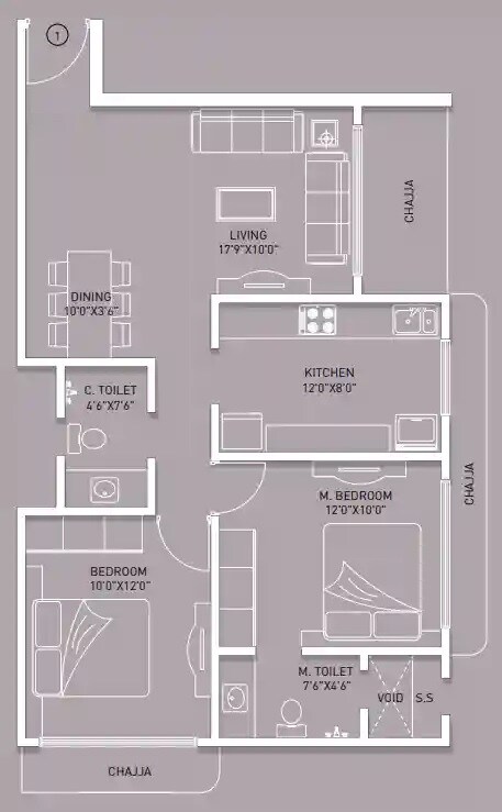 Floor plan of 2 BHK 690 Sq. Ft. Apartment in Kabra Garnet, Mumbai