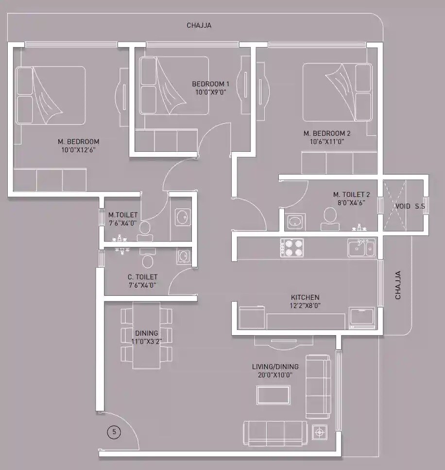 Floor plan of 3 BHK 828 Sq. Ft. Apartment in Kabra Garnet, Mumbai