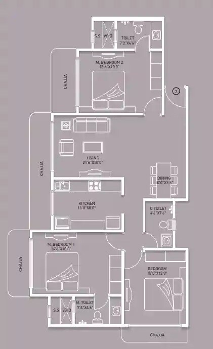 Floor plan of 3 BHK 887 Sq. Ft. Apartment in Kabra Garnet, Mumbai