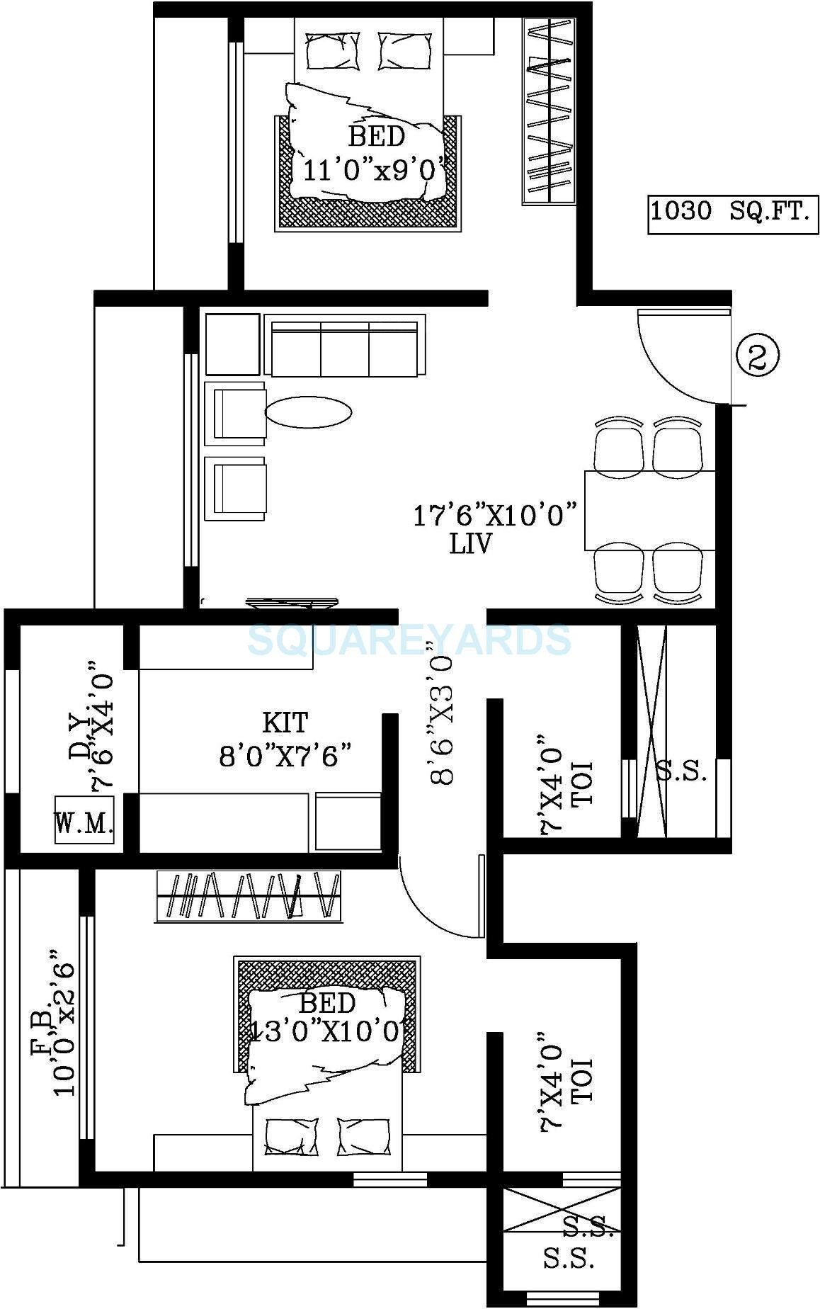 Floor plan of 2 BHK 1030 Sq. Ft. Apartment in Kabra Jay Sagar, Mumbai