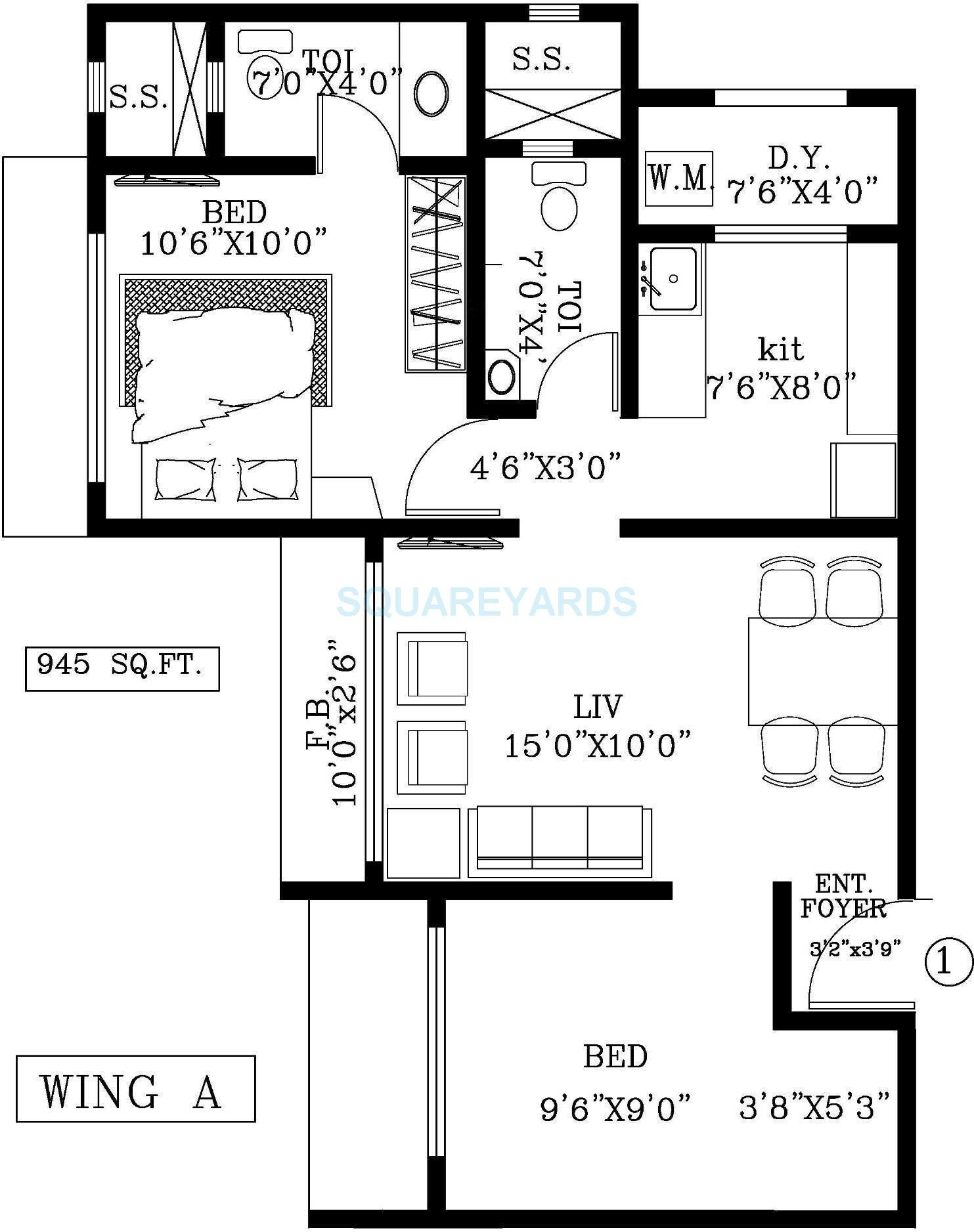 Floor plan of 2 BHK 945 Sq. Ft. Apartment in Kabra Jay Sagar, Mumbai