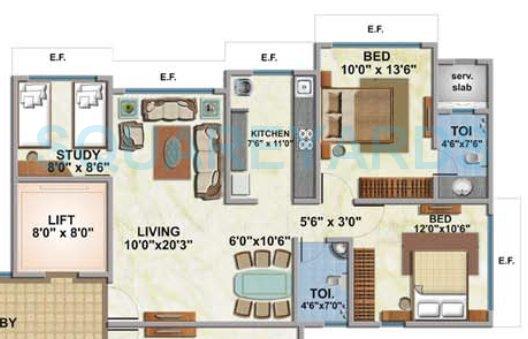Floor plan of 2 BHK 786 Sq. Ft. Apartment in Kabra Jeevan Saathi, Mumbai