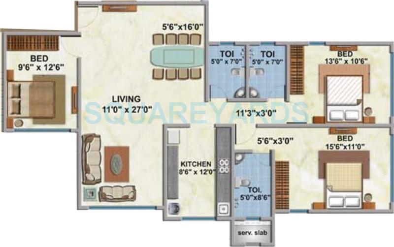 Floor plan of 3 BHK 1102 Sq. Ft. Apartment in Kabra Jeevan Saathi, Mumbai