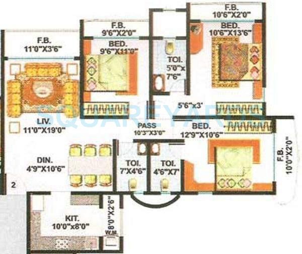 Floor plan of 3 BHK 1290 Sq. Ft. Apartment in Kabra Mangal Kripa, Mumbai