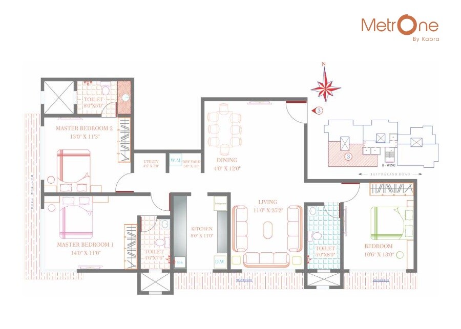 Floor plan of 3 BHK 1119 Sq. Ft. Apartment in Kabra Metro One, Mumbai