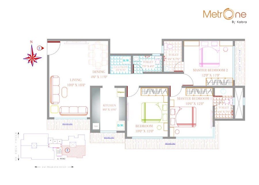 Floor plan of 3 BHK 895 Sq. Ft. Apartment in Kabra Metro One, Mumbai