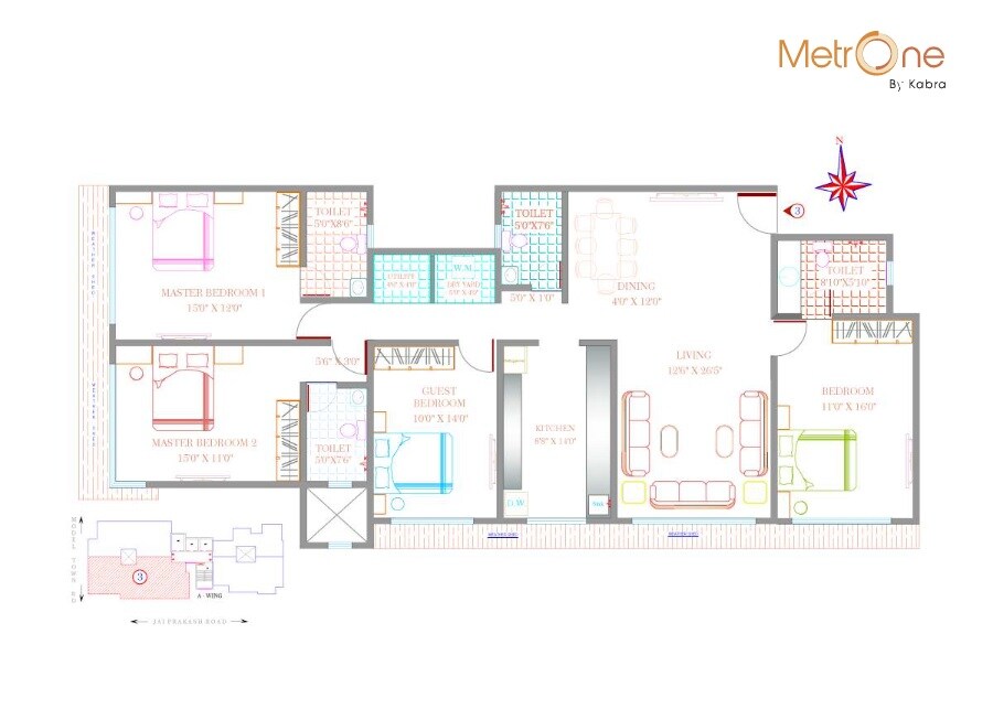 Floor plan of 4 BHK 1528 Sq. Ft. Apartment in Kabra Metro One, Mumbai